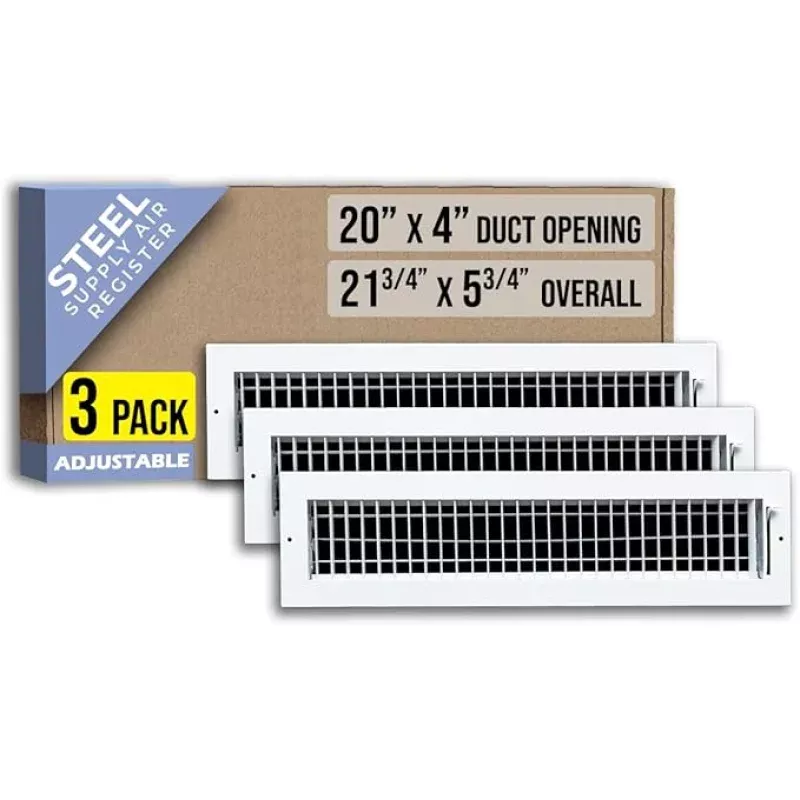 [3 Pack] Fits 20×4 Duct Opening Steel Adjustable Air Supply Grille by Handua | Register Vent Cover Grill for Sidewall and Ceiling | White | Out. Dim.: 21.75 X 5.75