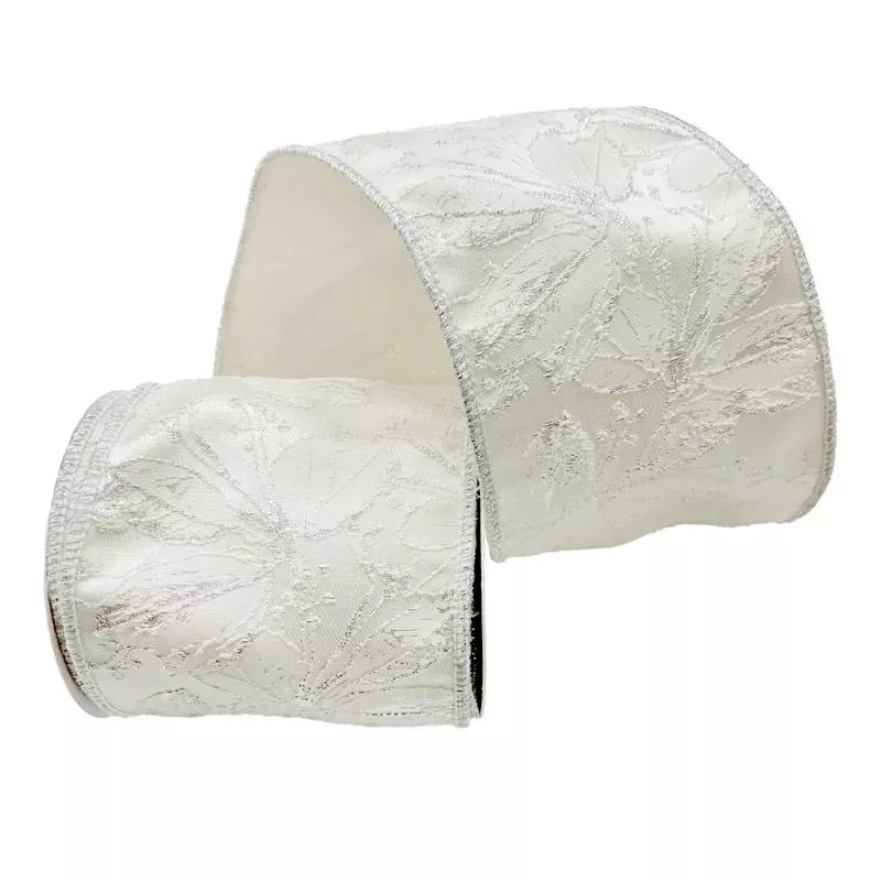 5-Yard White & Silver Flower Ribbon, 4"