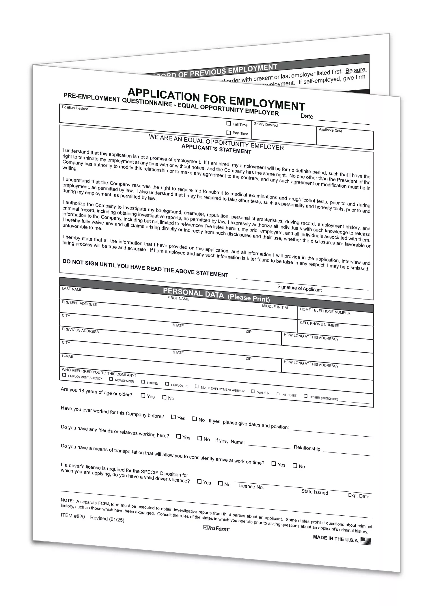 Application for Employment - EMP-1 - Qty. 50