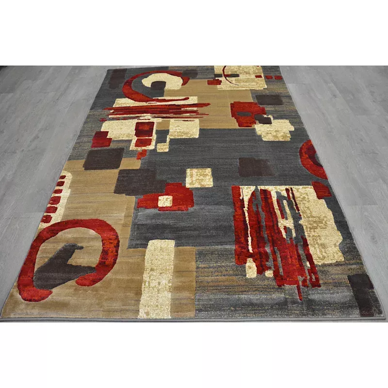 (B142) Beige & Red Modern Abstract Design, 3x5