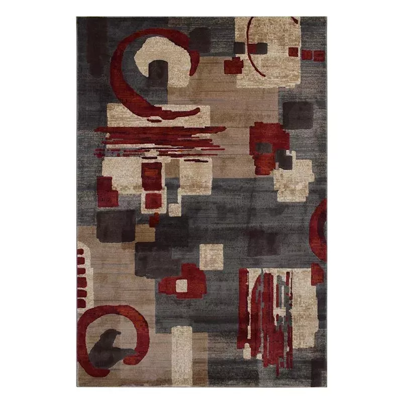 (B142) Beige & Red Modern Abstract Design, 7x10