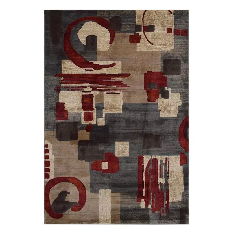 (B142) Modern Beige & Red Abstract Area Rug, 5x7