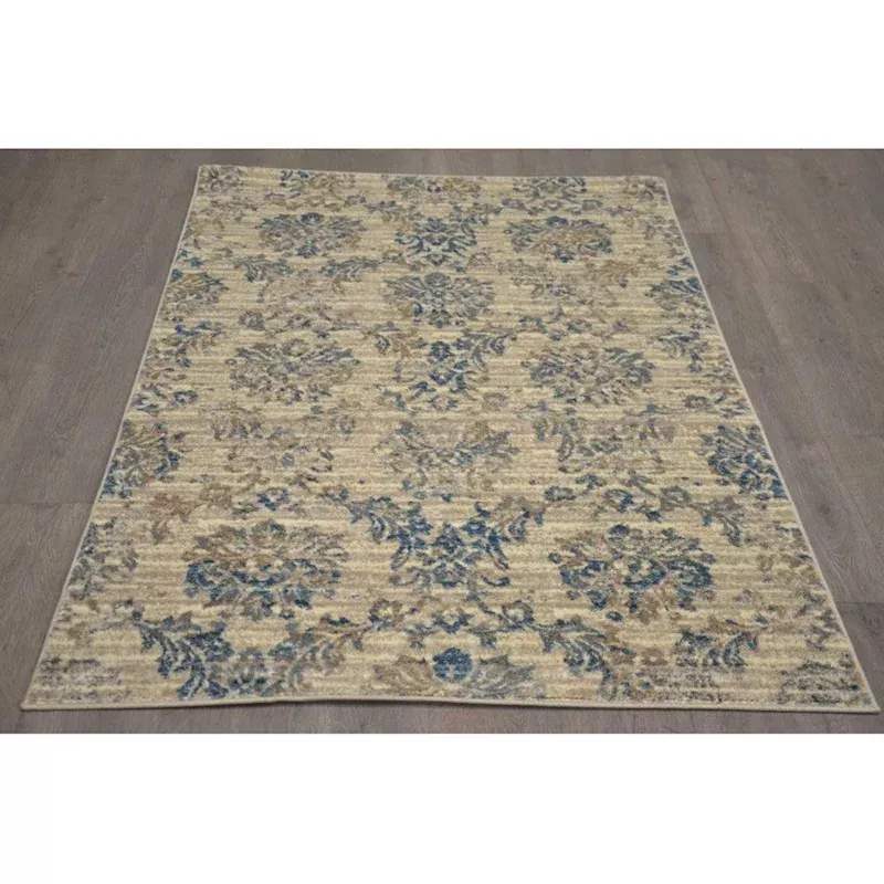 (B304) Ivory & Blue Floral Design Area Rug, 5x7