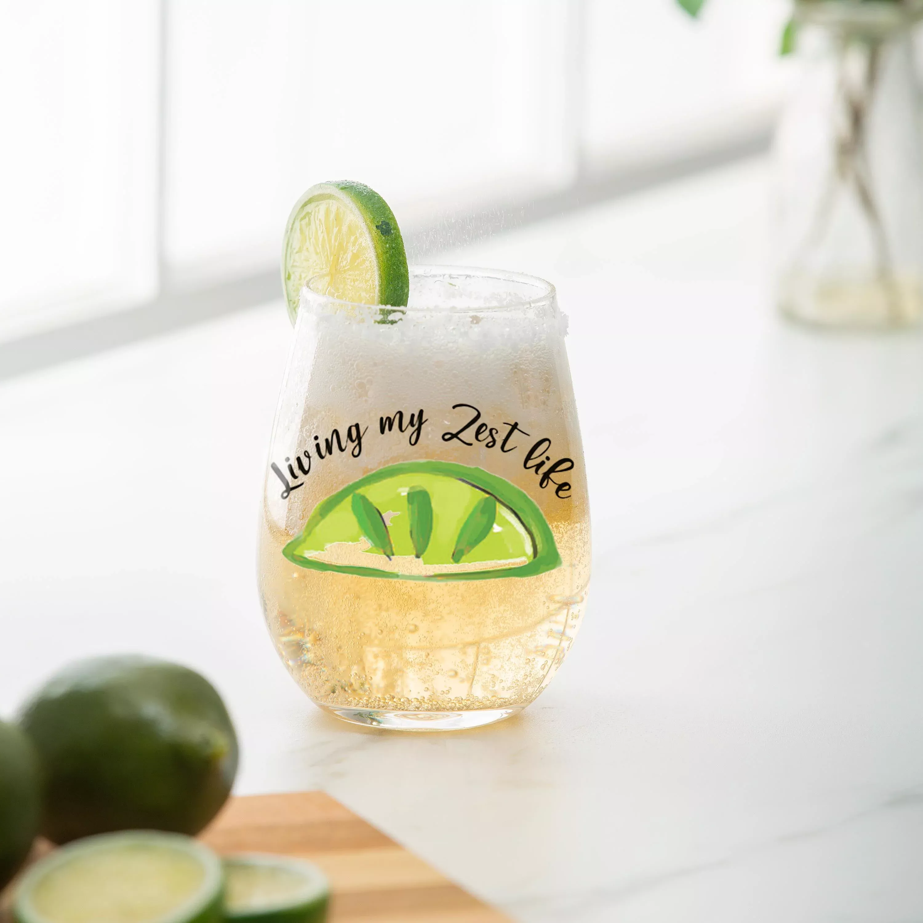 Blue Coastal Wine Glass Stemless Glass, Living My Zest Life, 17oz, Gift Box