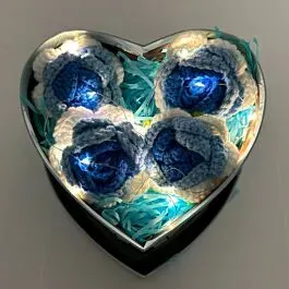 Blue Heart Flower Gift Box with 4-Blue Gradient Crochet Rose Heads | Middle Size