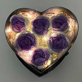 Blue Heart Shape Rose Box with 6-Purple Gradient Crochet Rose Heads | Large Size