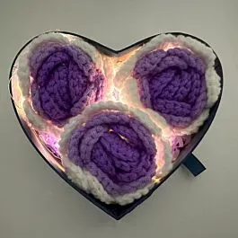 Blue Heart Shaped Gift Box with 3-Purple Gradient Crochet Rose Heads | Small Size