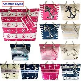 Canvas Tote Beach Bags with Sailing Designs and Coin Purse - Assorted Styles | 24 Pcs