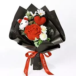 Crochet Cute Kitten and Red Roses Valentine's Day Bouquets