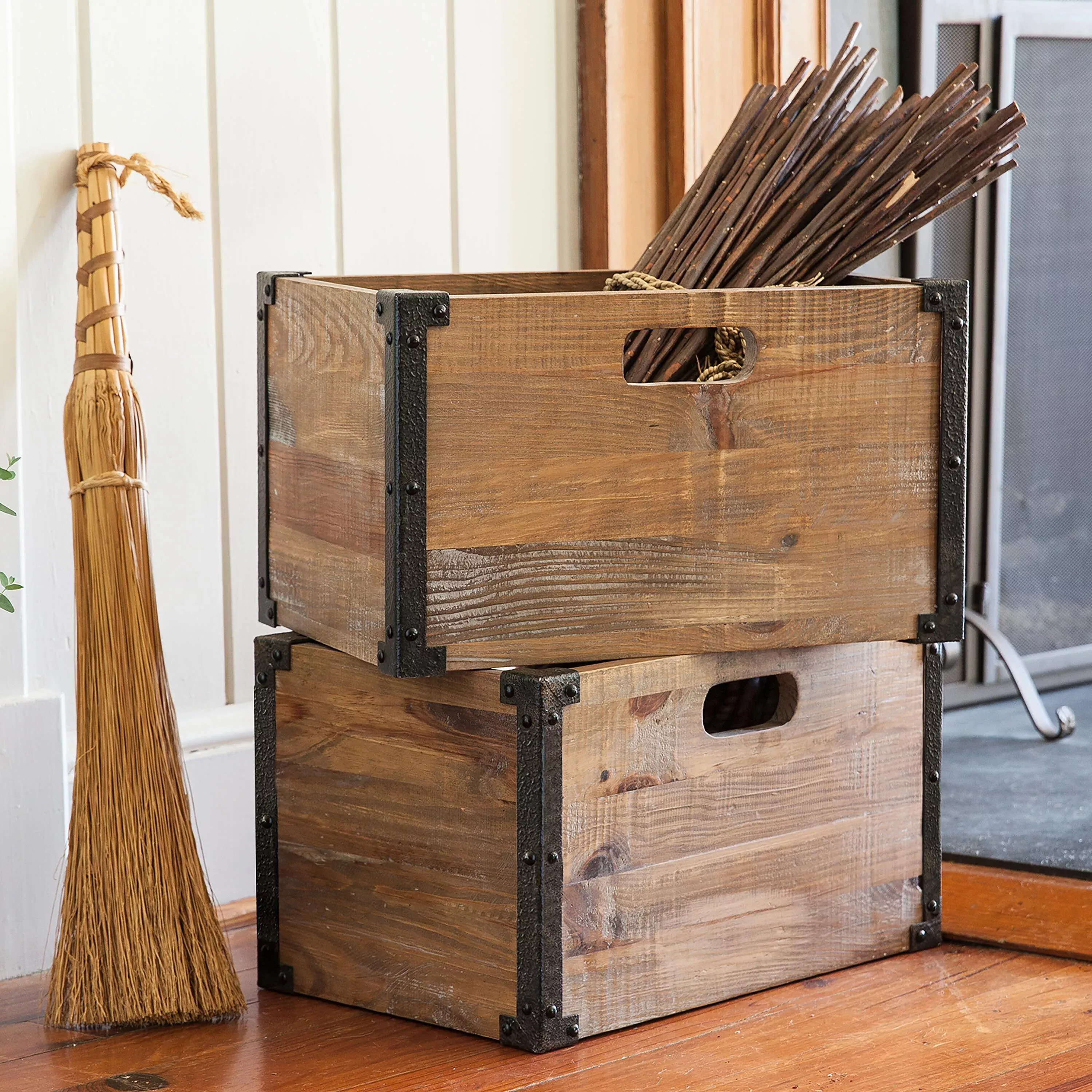 Deep Creek Rustic Wood Storage Crates, Set of 2