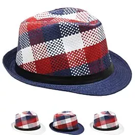 Dozen Wholesale Blue and Red Checkered Trilby Fedora Hats- Mix Color