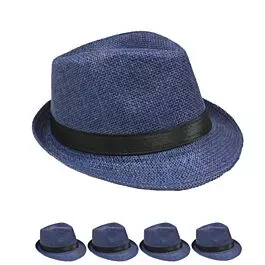 Dozen Wholesale Blue Toyo Straw Trilby Fedora Hats with Black Strip