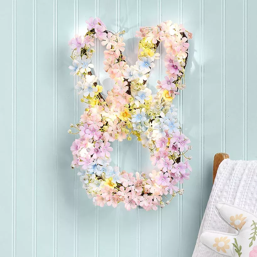 Easter Lighted Bunny Shape Spring Flower Wreath - Battery Operated