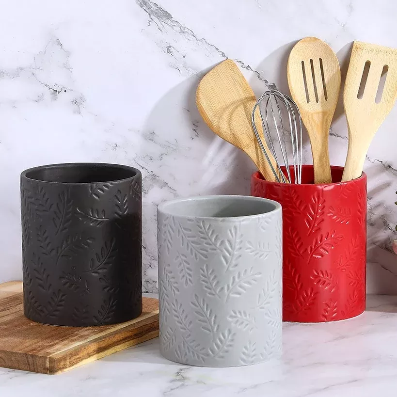 Embossed Kitchen Tool Crock Decorative Utensil Holder