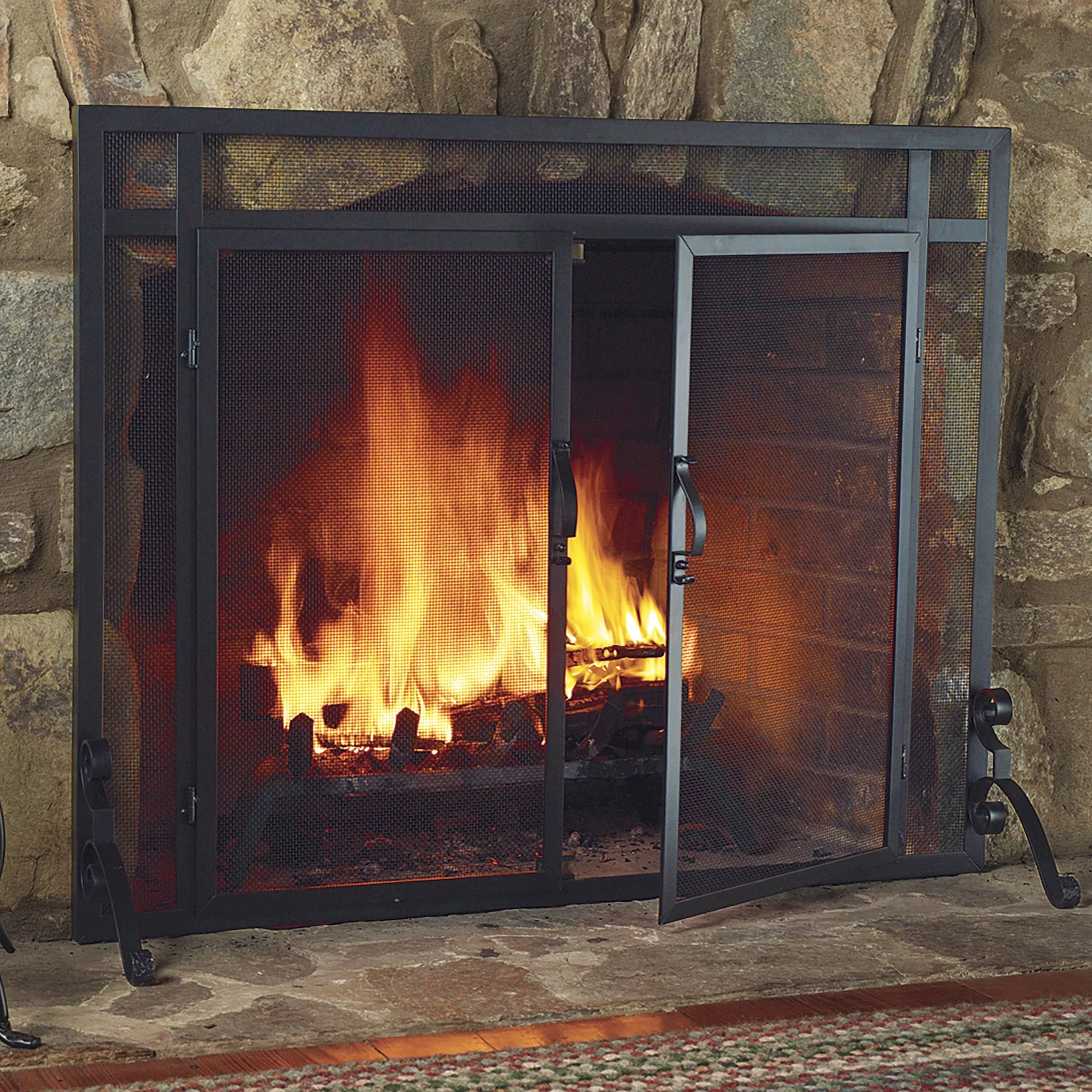Flat Guard Fire Screens With Doors in Solid Steel, 44"W x 33"H