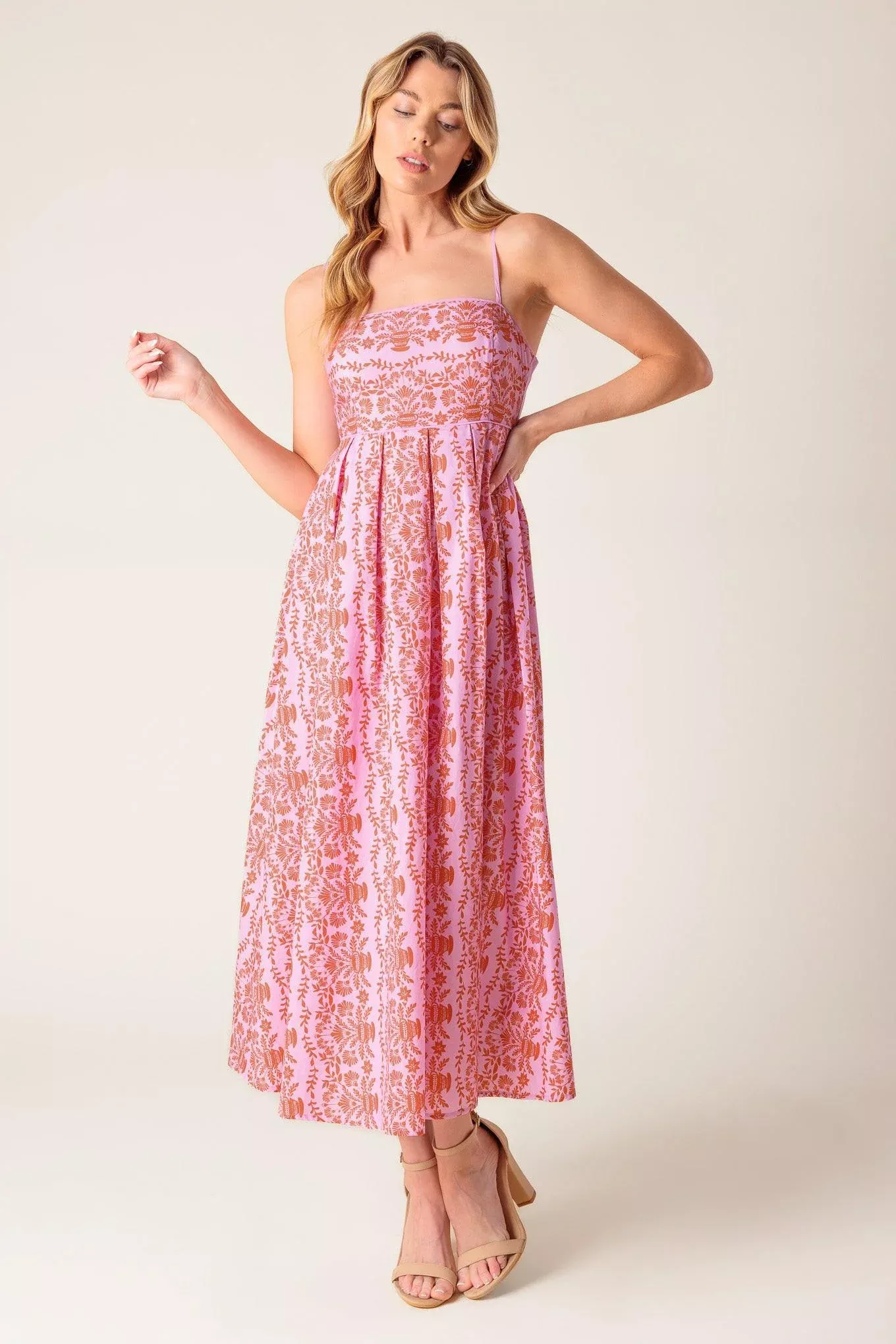 Flying Tomato THE EVETTE PINK WOVEN MIDI DRESS