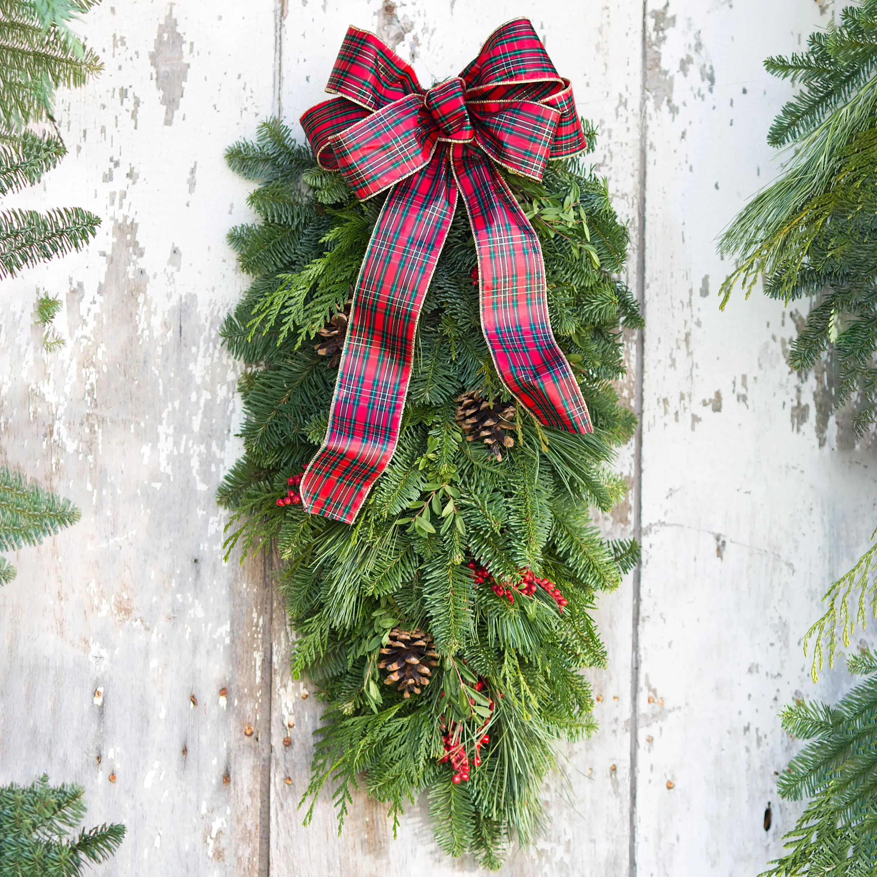 Holiday Woodland Evergreens Door Swag With Bow