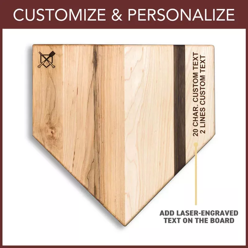 “Home Plate” Cutting Board with Custom Text Engraving (12″x12″)