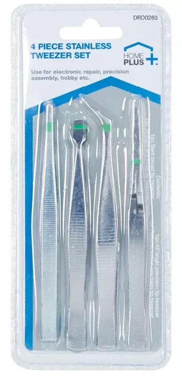 Home Plus DRD0263 Assorted Tweezers, Stainless Steel, 4 Piece