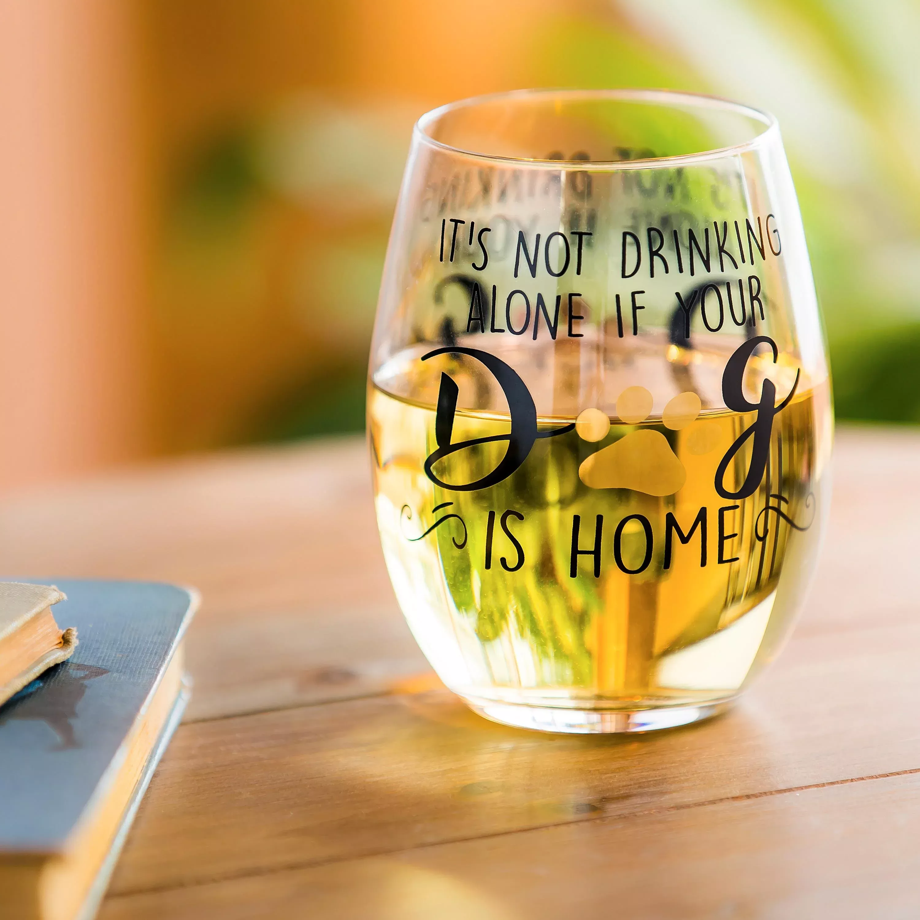 Pet Central Wine Glass Stemless Glass, It's Not Drinking Alone if Your Dog is Home, 17oz, Gift Box