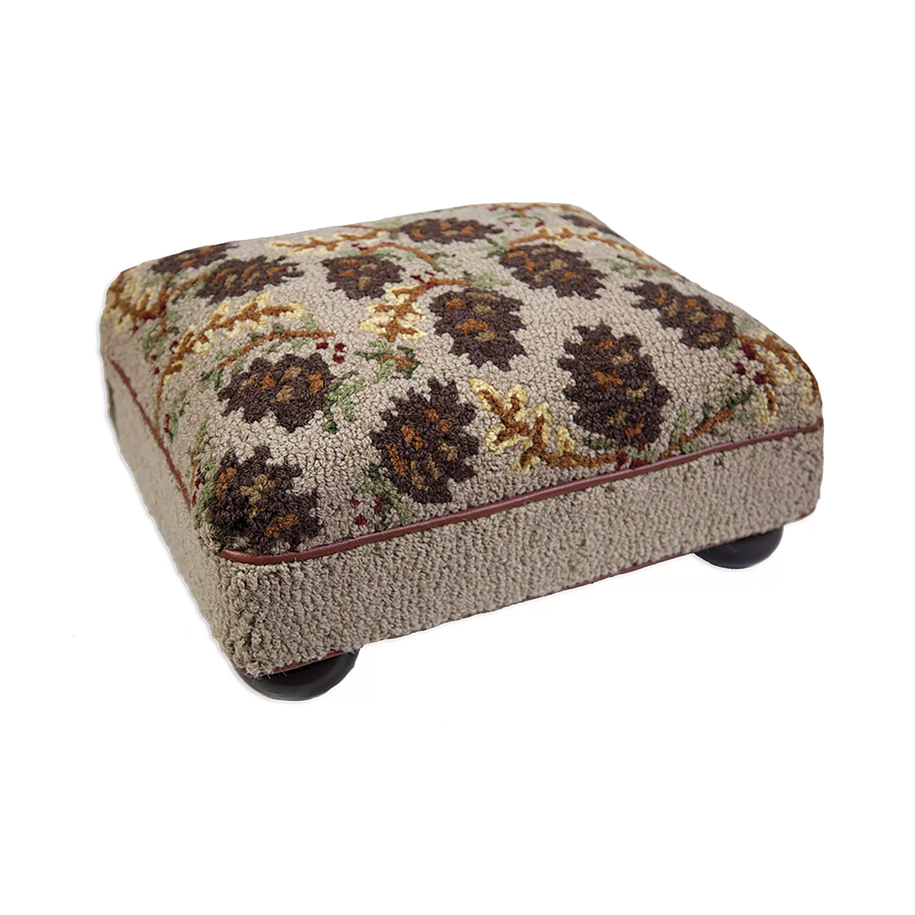 Pine Cone Hand-Hooked Wool and Leather Stool