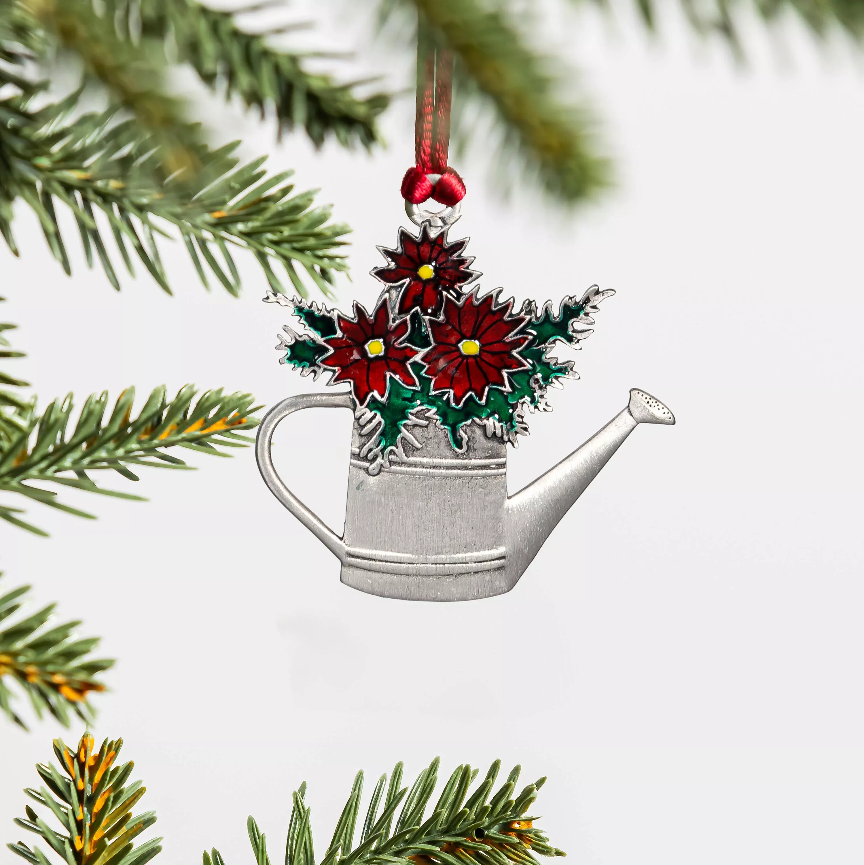 Poinsettia Watering Can Solid Pewter Ornament, 2.5"L