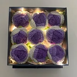 Purple Gradient Crochet 9 Rose Heads in Blue Square Floral Gift Box | Large Size