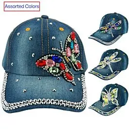 Rhinestone Denim Caps with Assorted Styles - Butterfly and Dragonfly Design