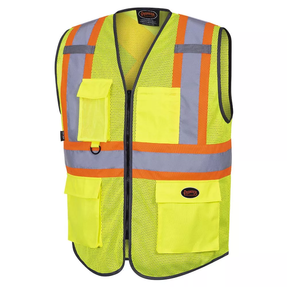 Safety Vest - Pioneer Hi-Viz Yellow /Green Poly Mesh Zipper Front Multipocket Vest, 6961