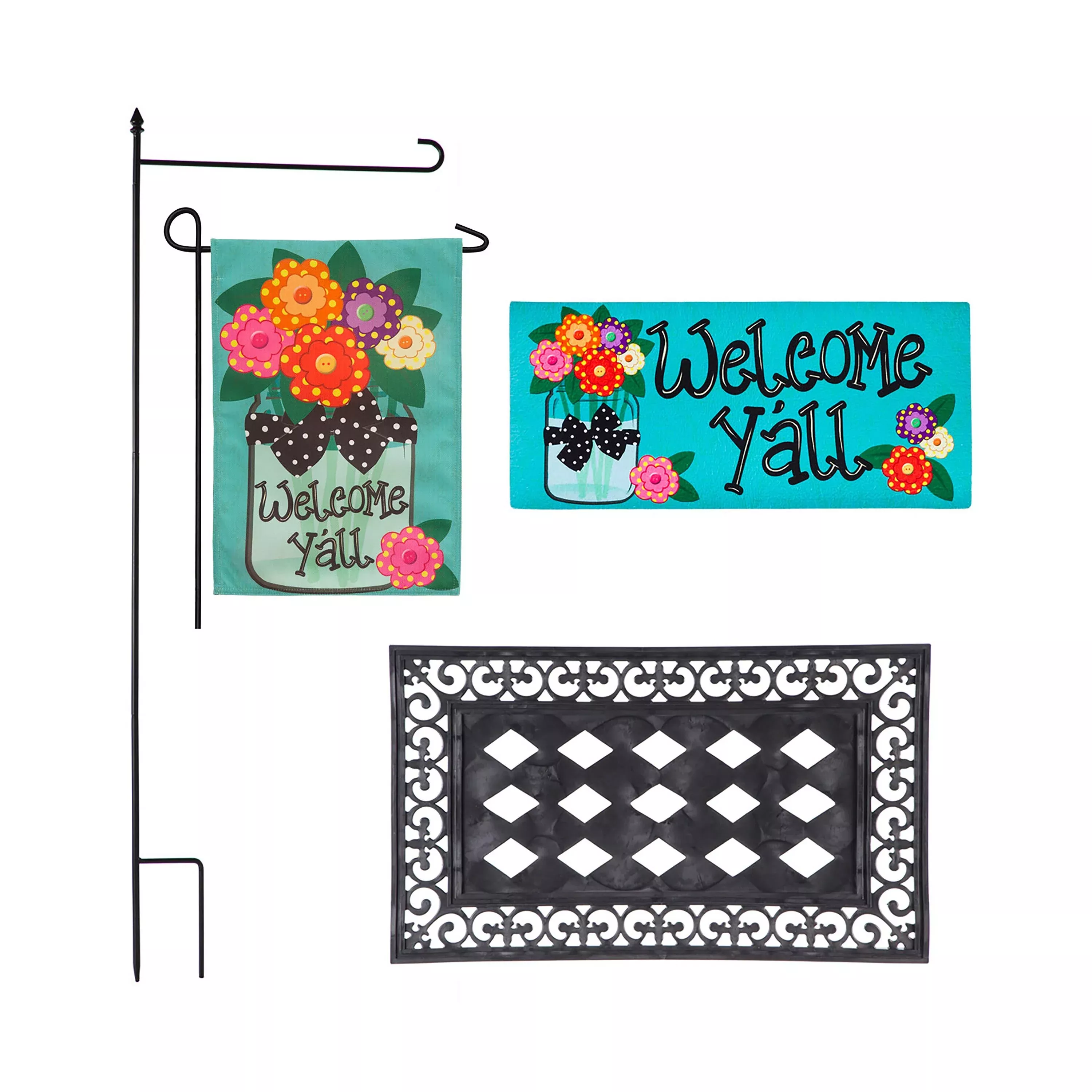 Welcome Y'all Burlap Garden Flag and Sassafras Mat Set