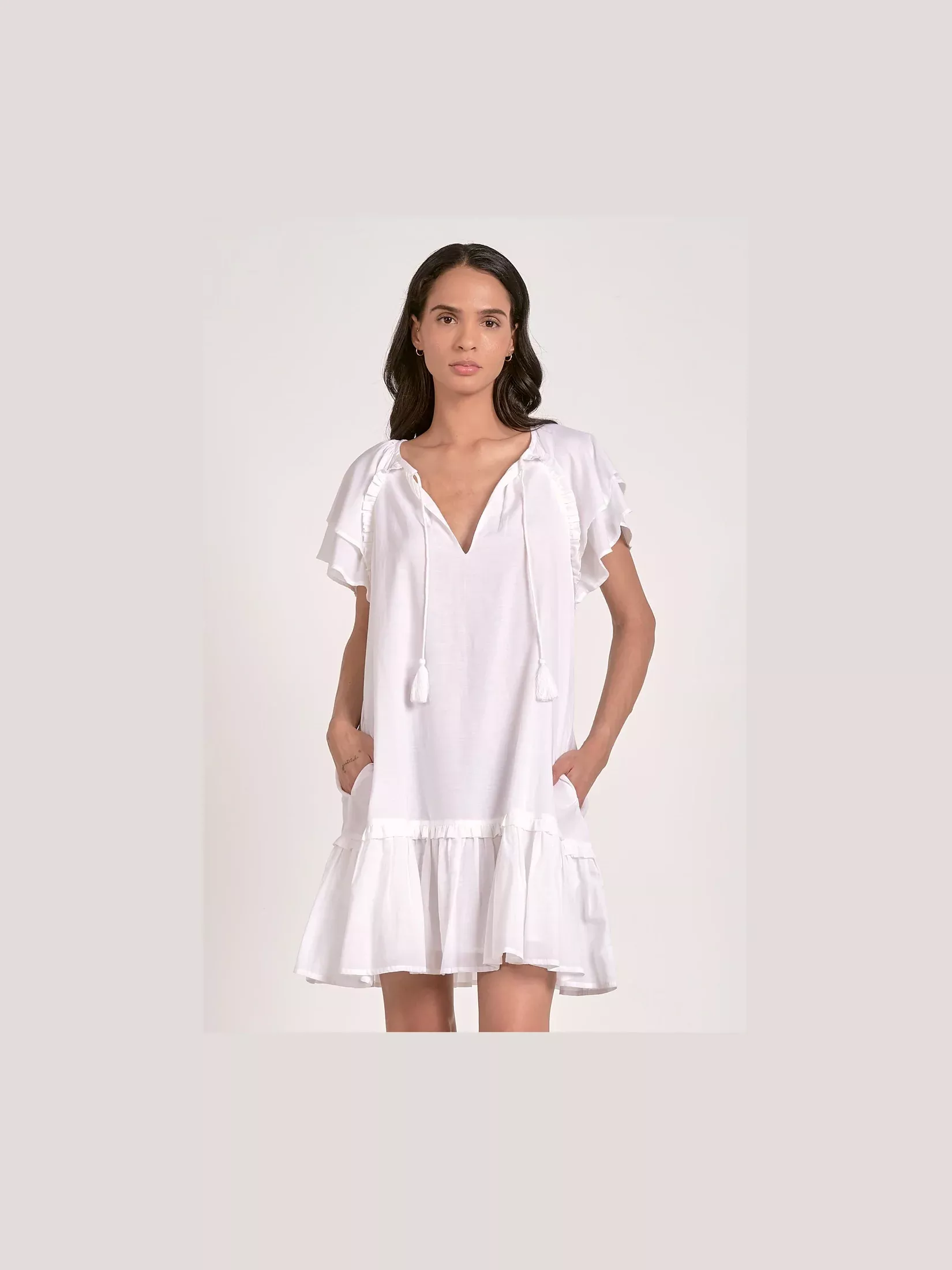 White Flutter Linen Dress